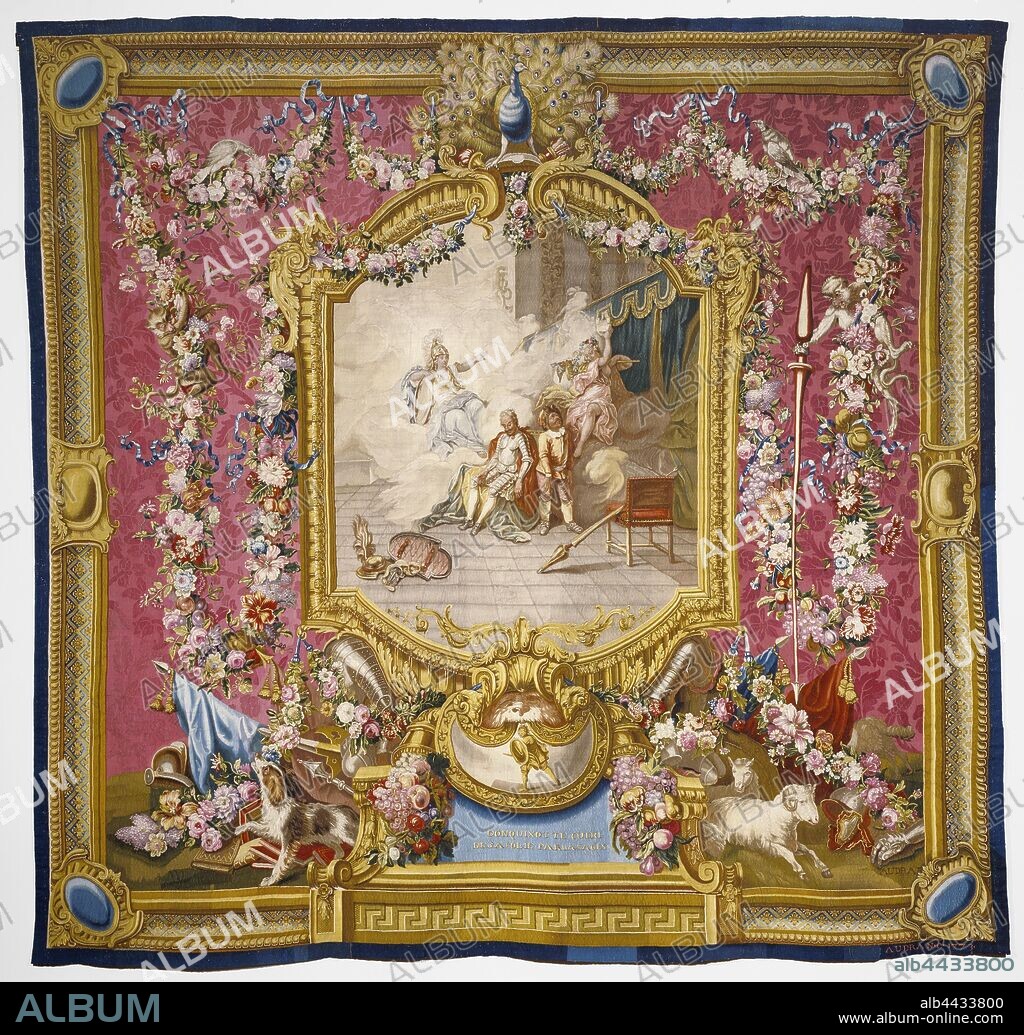 Tapestry: Don Quixote Cured of His Folly by Wisdom, from The Story of Don Quixote Series, Woven at the Royal Factory of Furniture to the Crown at the Gobelins Manufactory (French, founded 1662 - present), under the direction of Michel Audran (French, 1701 - 1771), and his son Jean Audran fils (French, died 1794, active Gobelin Manufactory 1771 - 1794), after the painting by Charles-Antoine Coypel (French, 1694 - 1752), the alentours were designed in collaboration by Claude Audran III (French, before 1658 - 1734), Jean-Baptiste Belin de Fontenay fils (French, 1668 - 1730), Alexandre-François Desportes (French, 1661 - 1743), and Valande, Gobelins, France, 1773, Silk and wool, 370.8 × 386.1 cm (146 × 152 in.).