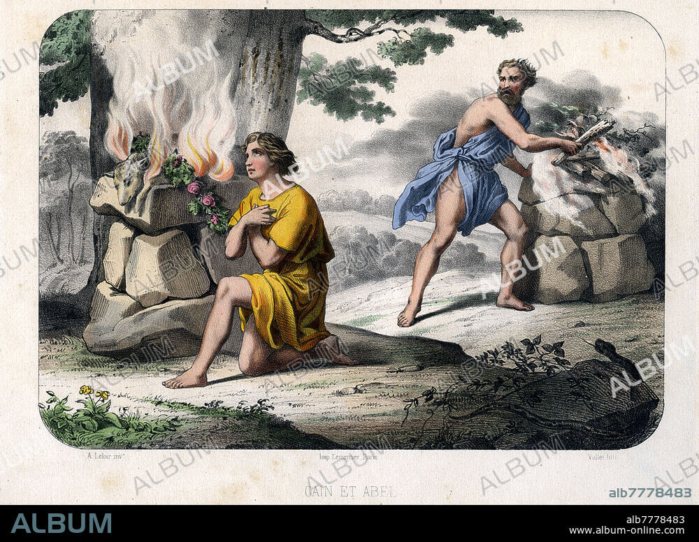BIBLE "Cain and Abel": the shepherd and the farmer sacrifice the fruits of their work to the Lord, who appreciates Abel's offer more; in the throes of envy and despair, Cain kills his brother. Table from "La Bible en estampes", illustrated with lithographs by Ch. Vallet from compositions by Auguste Leloir (1 July 1809 - 8 March 1892), texts taken from "the Bible du Jeune Age" by Élisabeth Muller. Print Lemercier, Publisher Amédée Bédelet, Paris 1860.