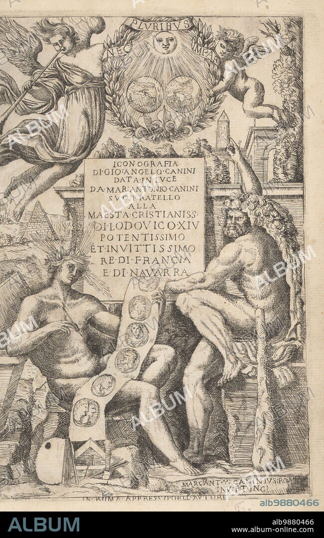 Title page with allegorical figures from Iconografia. An angel with trumpet and laureate putto hold a wreath around the sun. A laureate man with a stylus draws medals on a scroll next to Hercules with lionskin and cudgel. Copperplate engraving by Marcantonio Canini from Giovanni Angelo Canini's Iconografia, cioe disegni d'imagini de famosissimi monarchi, regi, filososi, poeti ed oratori dell' Antichita, Drawings of images of famous monarchs, kings, philosophers, poets and orators of Antiquity, Ignatio deLazari, Rome, 1699.