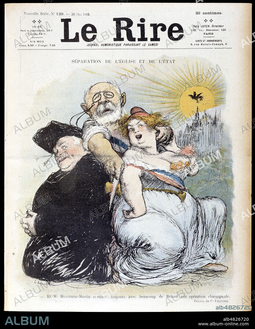 Separation de l'Eglise et de l'Etat.' Et M. Jean Baptiste BIENVENU-MARTIN (1847-1943) continue toujours avec beaucoup de BRIAND son operation chirurgicale. Illustration de Charles LEANDRE (1862-1934) pour Le Rire du 20 mai 1905. Credit : Collection KHARBINE-TAPABOR.