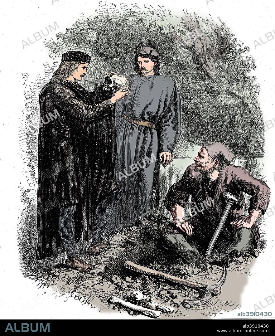 'Alas, poor Yorick! I knew him, Horatio', c1850. Hamlet in the graveyard with Horatio and the clown, examining Yorick's skull. From Hamlet Act V, Sc 1, by William Shakespeare. (Colorised black and white print).