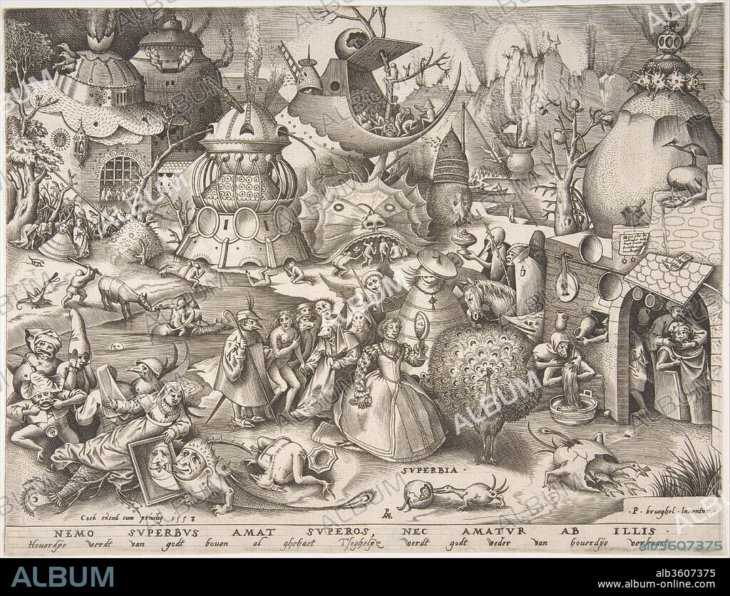 Pride (Superbia), from the series The Seven Deadly Sins. Artist: Pieter van der Heyden (Netherlandish, ca. 1525-1569); After Pieter Bruegel the Elder (Netherlandish, Breda (?) ca. 1525-1569 Brussels). Dimensions: sheet: 8 7/8 x 11 5/8 in. (22.5 x 29.5 cm). Publisher: Hieronymus Cock (Netherlandish, Antwerp ca. 1510-1570 Antwerp). Date: 1558.