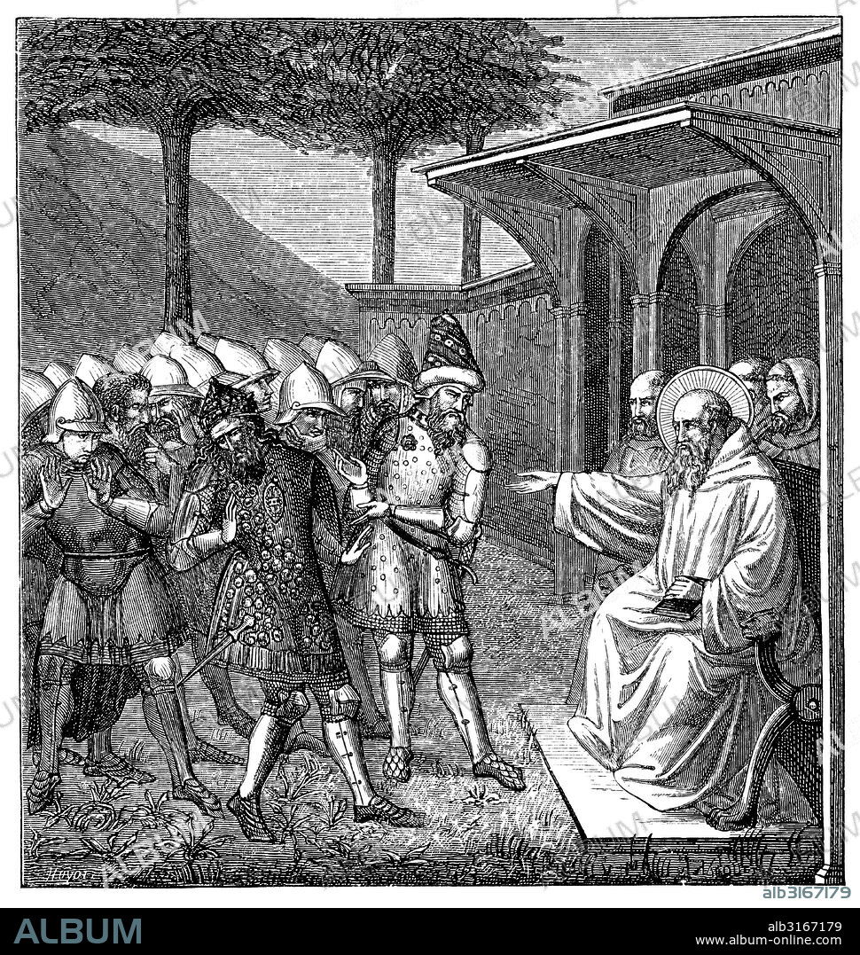 Edad Media. San Benito de Nursia (480-547) reprobando a Totila (?-552), rey de los ostrogodos, su engaño para comprobar si eran ciertos los poderes que se atribuían al santo. Siglo XIV. Fresco de la iglesia de San Miniato, Florencia. Facsímil de 1877.