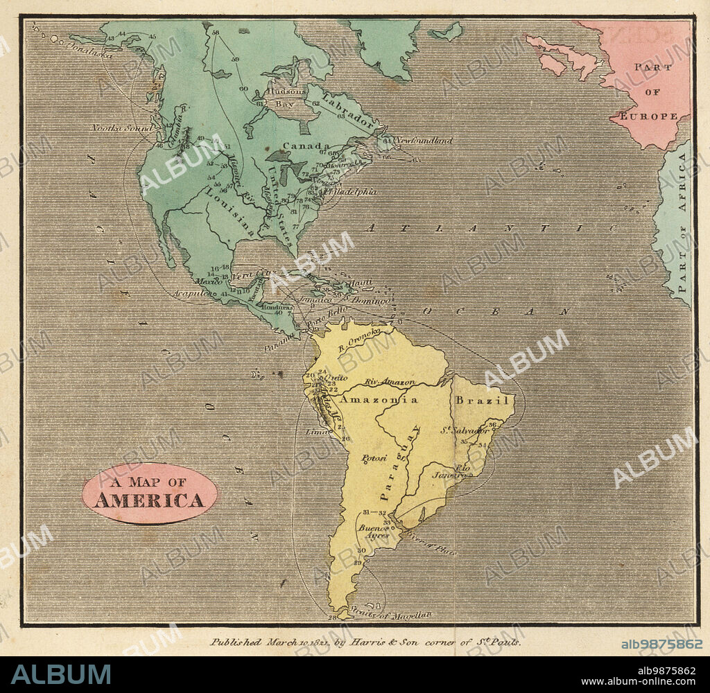 Map of the Americas, circa 1821. Showing Labrador, Canada, the United States, Louisiana, Mexico, Brazil, Amazonia, Paraguay, etc. Handcoloured copperplate engraving from Rev. Isaac Taylors Scenes in America, for the Amusement and Instruction of Little Tarry-at-Home Travelers, John Harris, London, 1821.