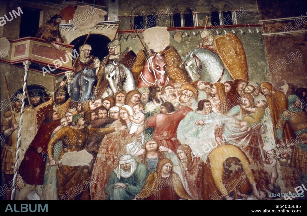Massacre of the Innocents, Fresco in church of Santi Agostino, Siena, 1482.  Mateo di Giovanni. The Massacre of the Innocents is the biblical account of infanticide by Herod the Great, the Roman-appointed King of the Jews.
