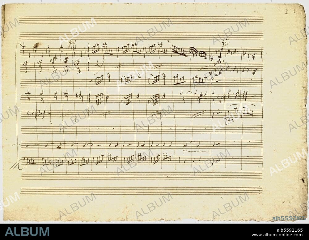 Mozart, Johann Chrysostomus Wolfgang Gottlieb, dit Wolfgang Amadeus ; compositeur autrichien ; Salzbourg 1756 - Vienne. 1791. Oeuvre : La Bataille (contredanse en do majeur pour orchestre, K. 535, 1788). Partition manuscrite du compositeur, 2e feuille.