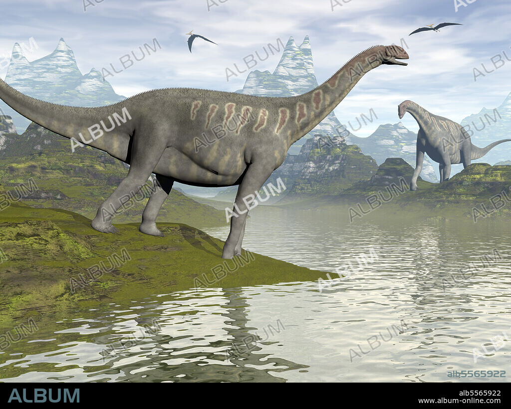 Jobaria dinosaurs on the river's edge.