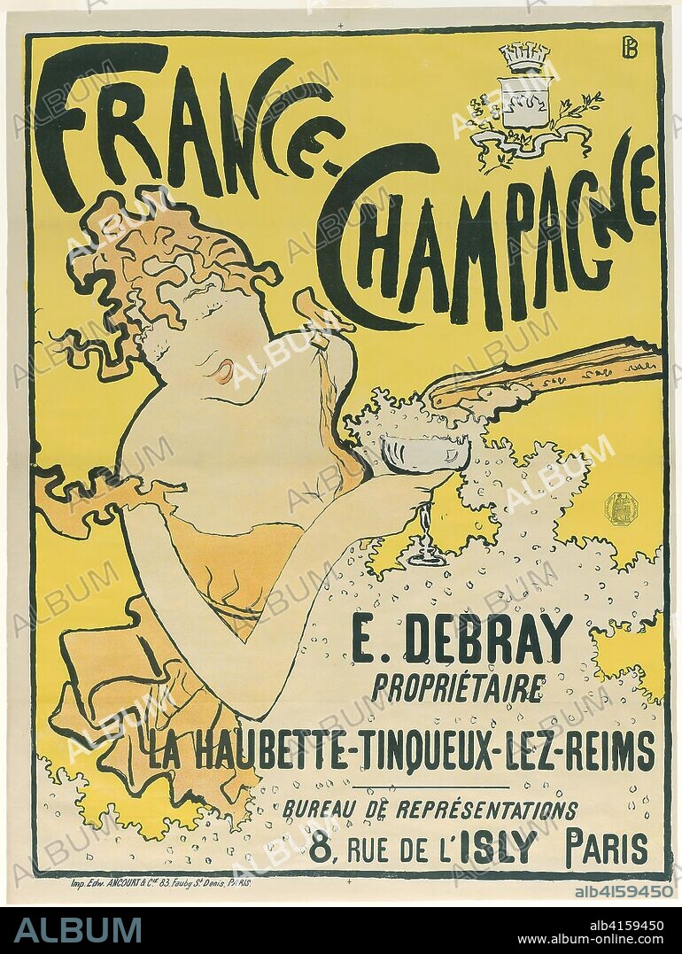 France-Champagne. Pierre Bonnard (French, 1867-1947); printed by Edward Ancourt et Cie. (French, active 19th century); commissioned by E. Debray (French, active 19th century); depicted: Berthe Schaedlin (French, active 19th century). Date: 1889-1891. Dimensions: 774 × 578 mm (image); 806 × 605 mm (sheet). Lithograph in yellow, orange, and black on cream wove paper. Origin: France.