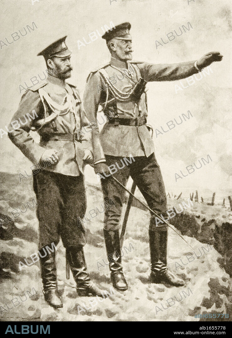 The Changes in the Russian Command, September,1915: The Grand Duke Nicholas,appointed Viceroy of the Caucasus and Commander-in-Chief of the Caucasian Army, pointing out positions to the Tsar, the new supreme Commander of the Russian Army and Navy.Drawn by A.C. Michael.