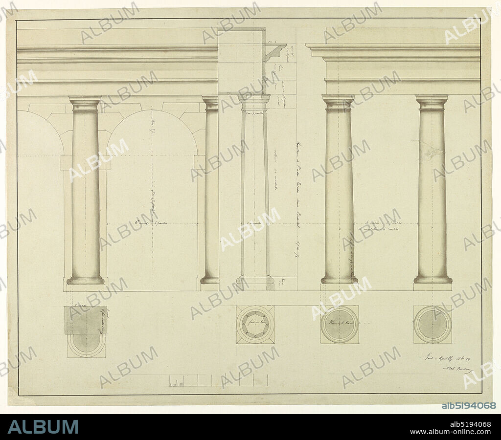 Elevation of Section of a Wall with Columns and Arch at Left, Graphite, brush and watercolor, pen and brown ink on cream laid paper, Design for Tuscan columns with arches, plans and elevations, supporting entablatures; scale in lower margin., Marcilly, France, 1884, architecture, Drawing, Drawing.