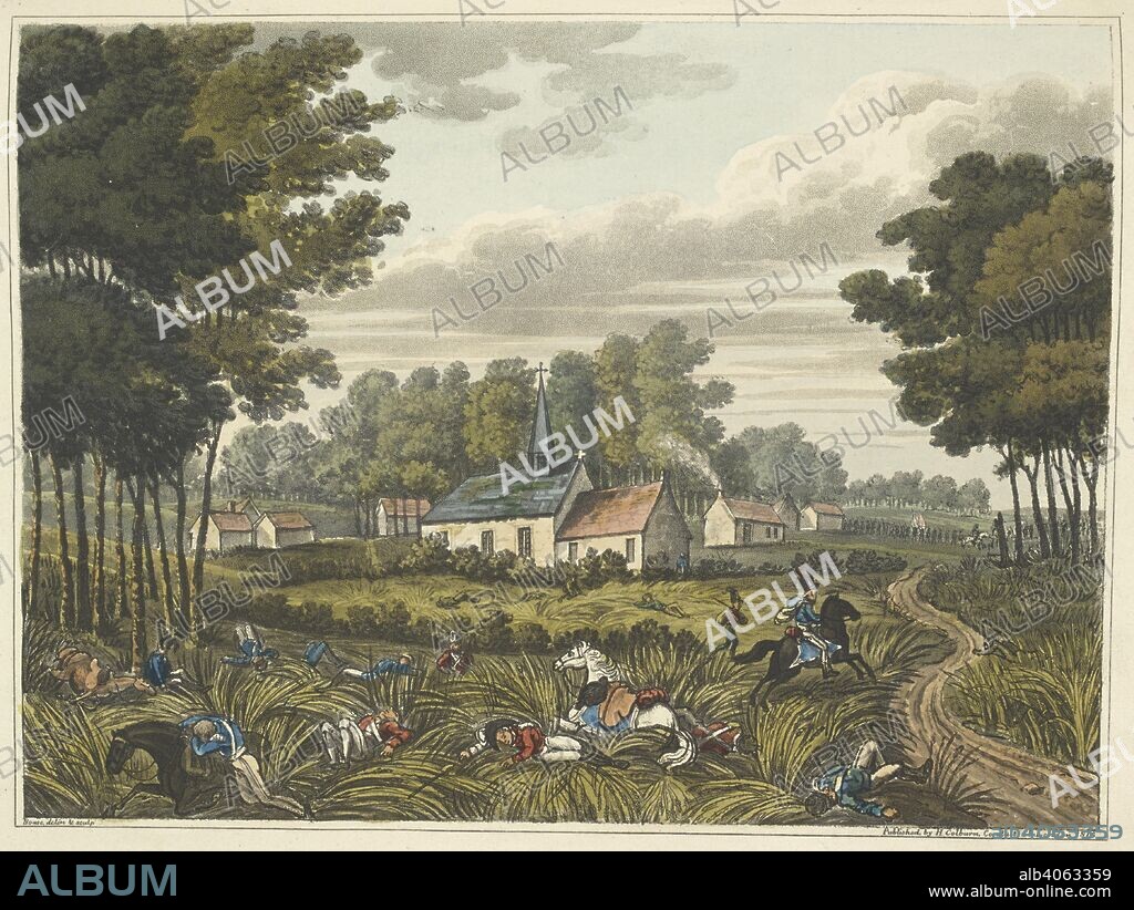 JAMES ROUSE and WILLIAM MUDFORD. 'Chateau of Frishermont. It was here on this spot, that Sir T. Picton received his death.- Here, also through the wood, the Prussians under the command of Bulow came up, towards the close of the battle (of Waterloo).' A number of dead and wounded soldiers laying in the grass. An Historical Account of the Campaign in the Netherlands, in 1815, under His Grace the Duke of Wellington, and Marshal Prince Blucher, comprising the battles of Ligny, Quatrebras, and Waterloo; with a detailed narrative of the political events connected with those memorable conflicts down to the surrender of Paris, and the departure of Bonaparte for St. Helena ... Embellished with ... plates ... from drawings ... by James Rouse. London : Henry Colburn, 1817. Source: 193.e.9 Plate XI - J.