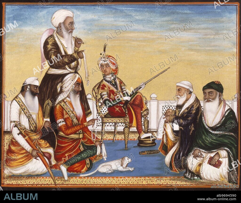 The durbar of December 1845; the Maharaja Dalip Singh (1837-1893) is seated on a chair holding a gun, a pet lap dog at his feet and a attendant with a fly-whisk behind him. On the Maharaja's left sit Diwan Dina Nath and Fakir Nur al-Din holding a book and rosary; on his right sit Tej Singh with a rosary and Labh Singh with a sword and shield.