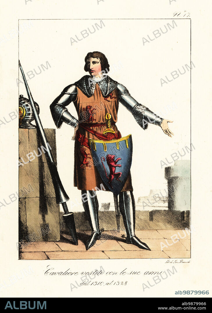 French knight in armour, from 1310 to 1328. In plate armour over chainmail hauberk, armorial tunic with coat of arms, with lance, helm, sword and shield with crest of rampant lion. Chevalier revetu de son armure. Handcoloured lithograph by Lorenzo Bianchi after Hippolyte Lecomte from Costumi civili e militari della monarchia francese dal 1200 al 1820, Naples, 1825. Italian edition of Lecomtes Civilian and military costumes of the French monarchy from 1200 to 1820.