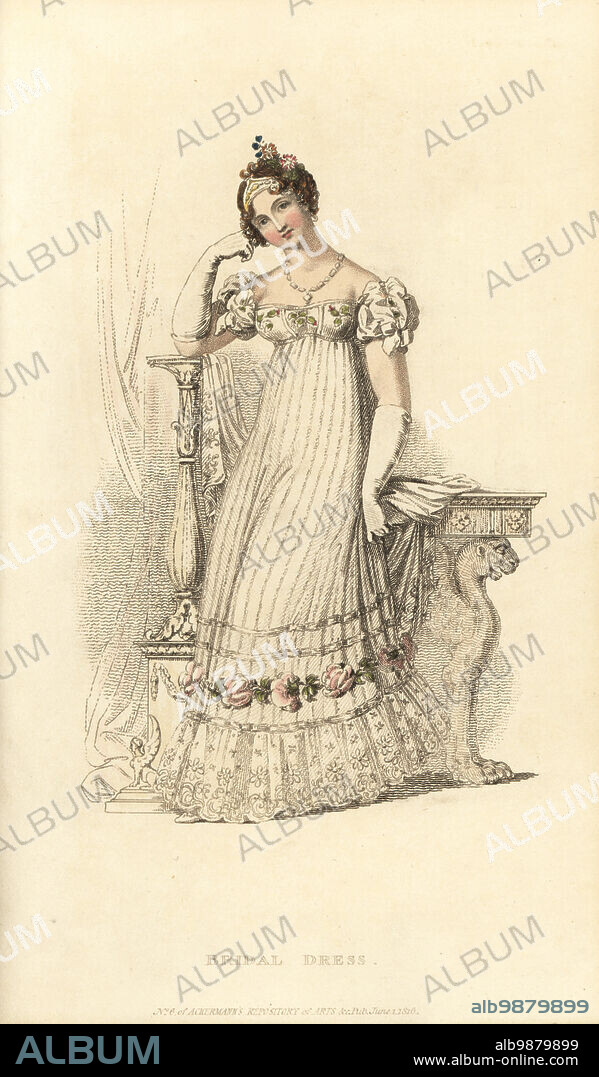 Regency woman in bridal dress of striped French gauze over a white satin slip, trimmed with deep flounce of Brussels lace and roses, square cut bodice, hair with aigrette of pearls. Designed by Mrs Elizabeth Gill of Cork Street, Burlington Gardens. Series 2, Vol. 1, Plate 33, June 1, 1816. Handcoloured copperplate engraving by Thomas Uwins from Rudolph Ackermann's Repository of Arts, Strand, London.