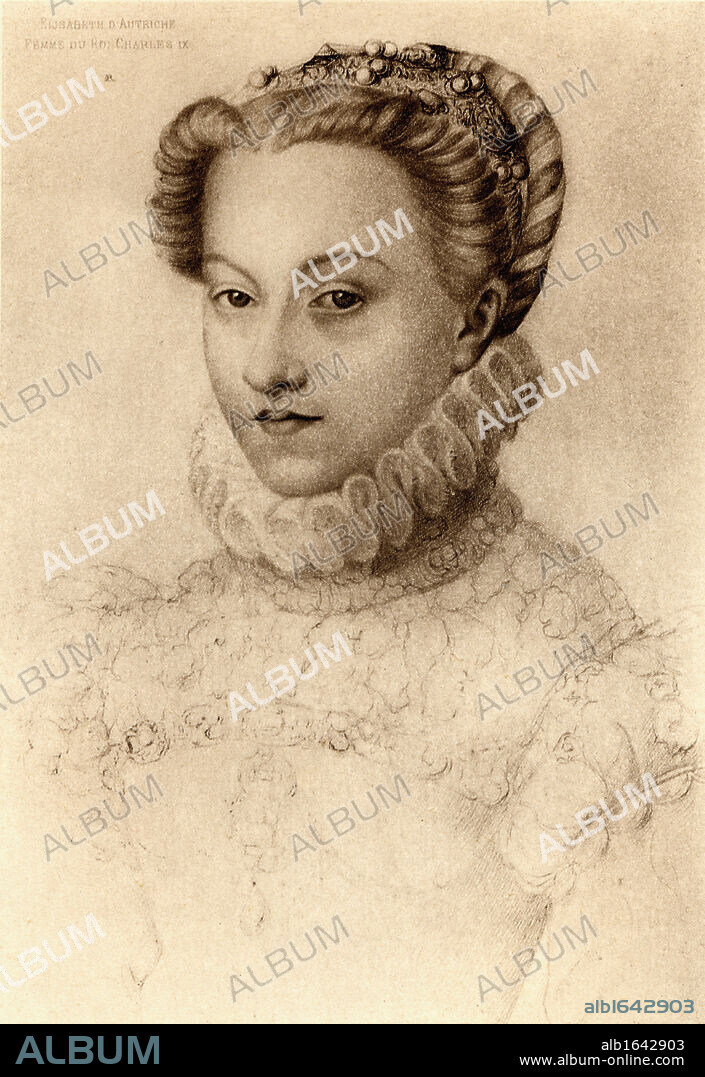 Elisabeth of Austria, Queen of France (1554-1592), daughter of Emperor Maximilian II and Mary of Austria, who married Charles IX of France in 1570. From an engraving after a drawing attritbuted to Janet.