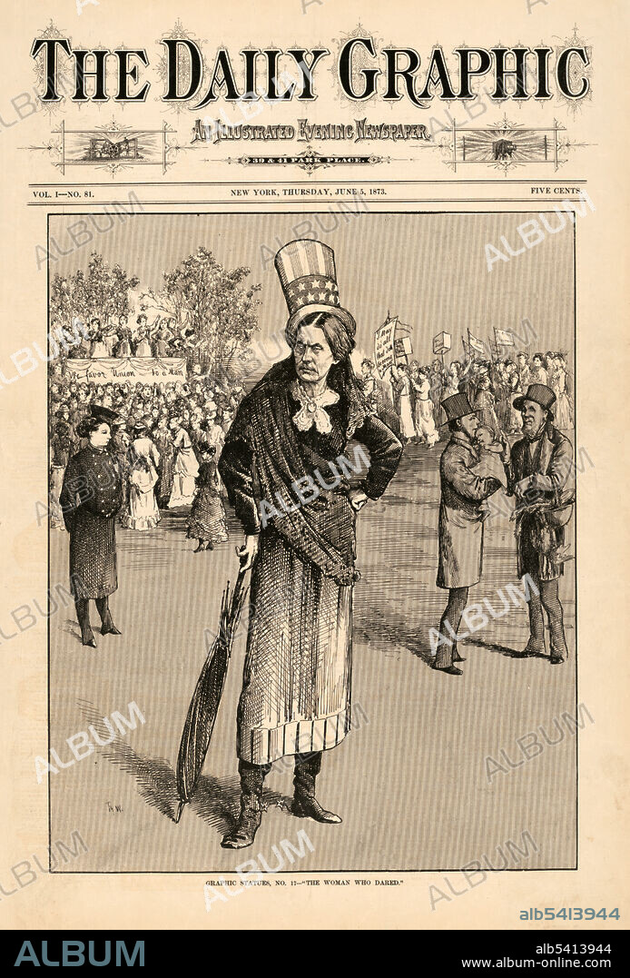 The Daily Graphic: "The woman who dared." A cartoon showing a man-like Susan B. Anthony wearing a top hat and spurs. On the left is a policewoman. At right, a man dandles a baby while another man holds a basket of food. Behind, women are parading and campaigning for equality. Thomas Wust, artist. Published in 1873. Susan B. Anthony (1820-1906) was an American social reformer and women's rights activist who played a pivotal role in the women's suffrage movement.