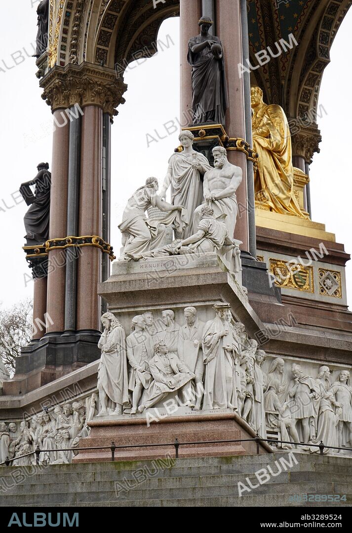 The Albert Memorial in Kensington Gardens, London. Commissioned by Queen Victoria in memory of her beloved husband, Prince Albert who died of typhoid in 1861. The memorial was designed by Sir George Gilbert Scott in the Gothic Revival style. Opened in July 1872 by Queen Victoria.