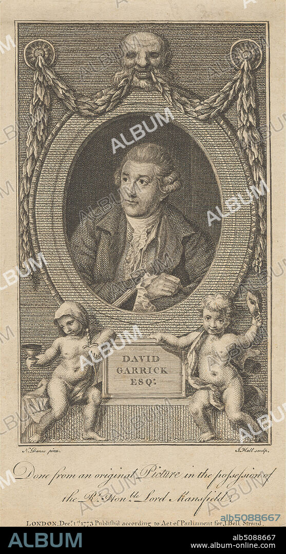 David Garrick, Esq., Print made by John Hall, 17391797, British, after Nathaniel Dance RA, 17351811, British, Published by John Bell, 17451831, British, 1773, Line engraving and etching on medium, slightly textured, beige laid paper, laid on mount, Sheet: 6 1/4 x 3 7/16 inches (15.9 x 8.7 cm) and Image: 5 x 3 inches (12.7 x 7.6 cm), coat, cravat, man, mask, nude, oval, portrait, putti, ruffles, sword, tablet, theater (discipline).
