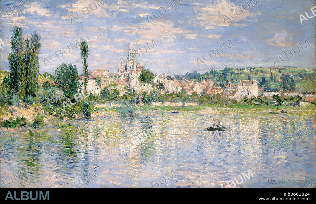 Vétheuil in Summer. Artist: Claude Monet (French, Paris 1840-1926 Giverny). Dimensions: 23 5/8 x 39 1/4 in. (60 x 99.7 cm). Date: 1880.
In this view of Vétheuil, seen from the opposite bank of the Seine, the flicker of individual brushstrokes reflects Monet's concern with recording sensations of color and light as accurately as possible. Ironically, this practice resulted in paintings of an increasingly abstract nature. Indeed, the imagery nearly dissolves in the myriad touches of paint.