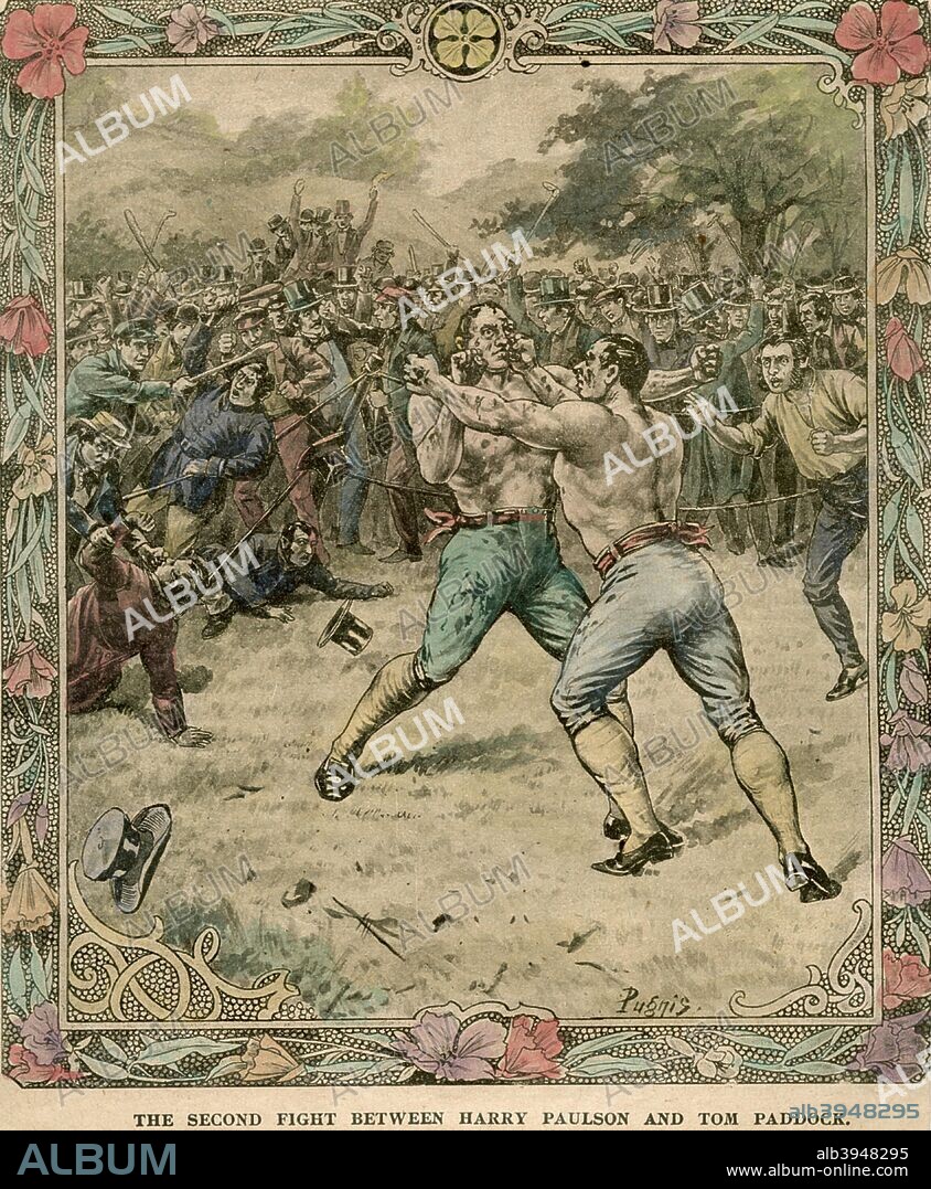 'The second fight between Harry Paulson and Tom Paddock', 1851 (late 19th or early 20th century). An illustration from Famous Fights. Tom Paddock (1824-1863) fought Harry Paulson three times, twice in 1851 and once more in 1854. Paddock won the second fight, staged in Belper, Derbyshire, in the 86th round but a riot broke out and afterwards both boxers were jailed for 10 months with hard labour. Paddock went on to be English heavyweight champion between 1856 and 1858.