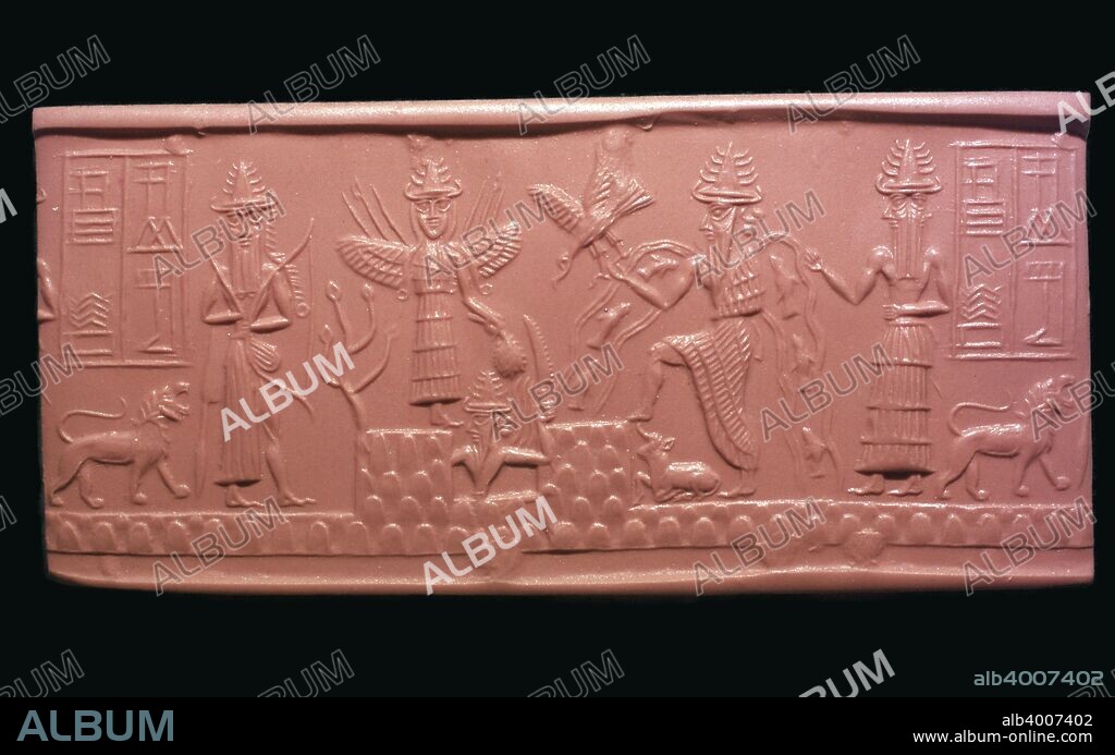 Akkadian cylinder-seal impression of the scribe Adda. It represents a new year ritual, and from left to right are: Ninurth carrying a bow, Ishtar with wings, Shamash with sun-bird and saw, and Ea, 22nd century BC.