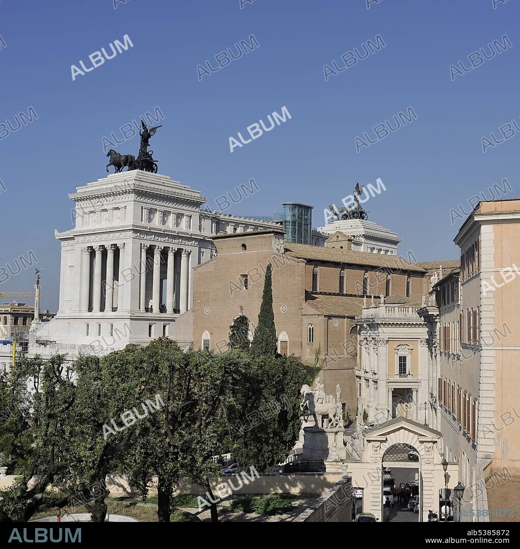 Monumento Nazionale a Vittorio Emanuele II or National Monument of Victor Emmanuel II in the back and Church of Santa Maria in Aracoeli at the Capitoline Hill, Rome, Lazio, Italy, Europe.