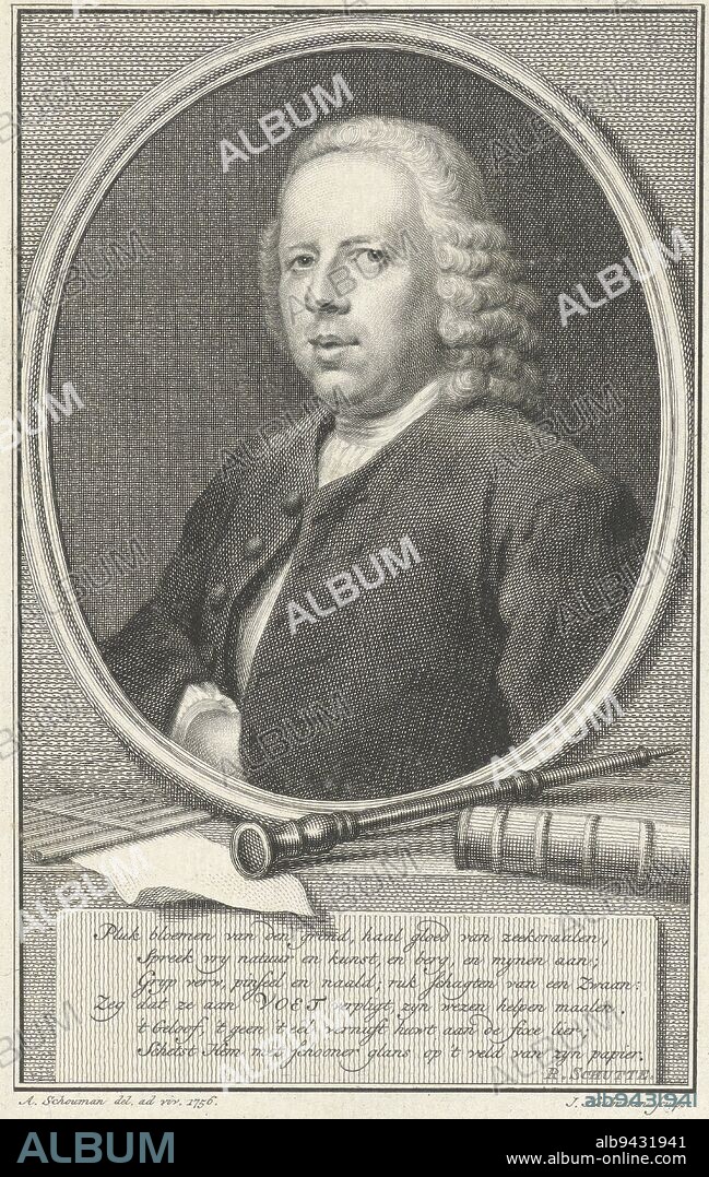 Portrait half-face to the left of Johannes Eusebius Voet in an oval medallion, which rests on a pedestal. On the pedestal also a number of attributes and a plaque with a six-line verse in Dutch., Portrait of Johannes Eusebius Voet, print maker: Jacob Houbraken, (mentioned on object), intermediary draughtsman: Aert Schouman, (mentioned on object), Rutger Schutte, (mentioned on object), Amsterdam, 1756 - 1780, paper, engraving, etching, h 185 mm × w 111 mm.