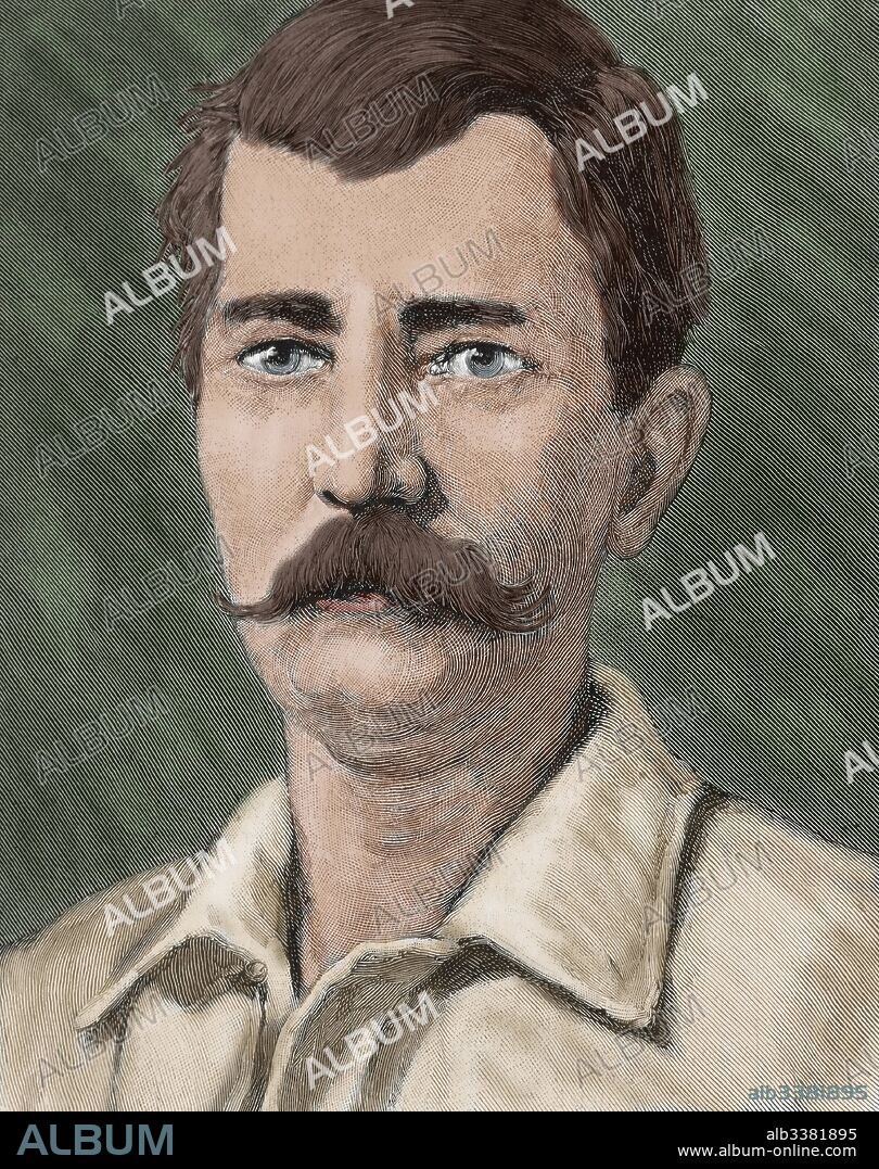 Henry Morton Stanley (1841-1904).  British journalist and explorer. Portrait. Engraving. Colored.