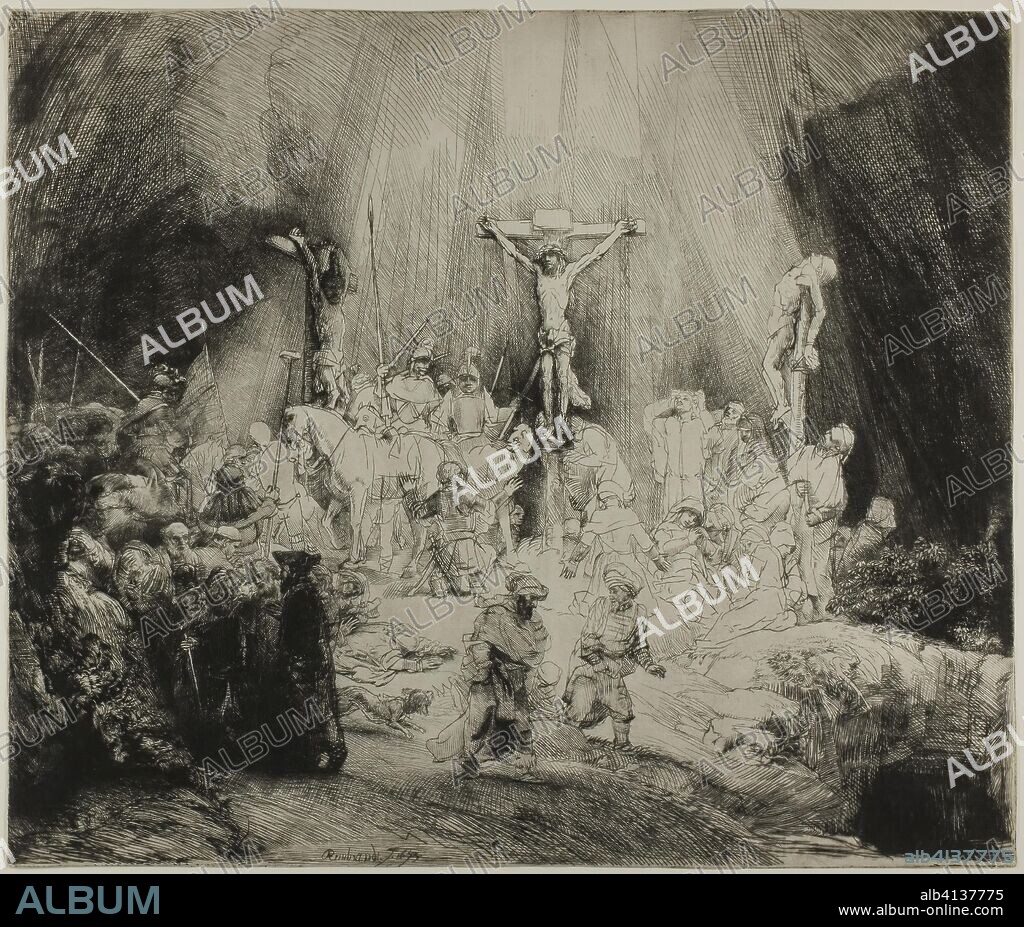 REMBRANDT HARMENSZOON VAN RIJN. Christ Crucified between the Two Thieves: "The Three Crosses". Rembrandt van Rijn; Dutch, 1606-1669. Date: 1653. Dimensions: 385 x 454 mm (sheet trimmed within plate mark). Drypoint and burin on ivory laid paper. Origin: Holland.