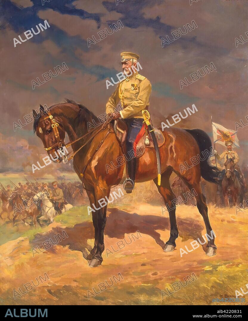 NIKOLAY SAMOKISH. 'Portrait of Grand Duke Nikolai Nikolayevich (the Younger) on Horseback'. Russia, 1910s. Dimensions: 67,5x55,5 cm.