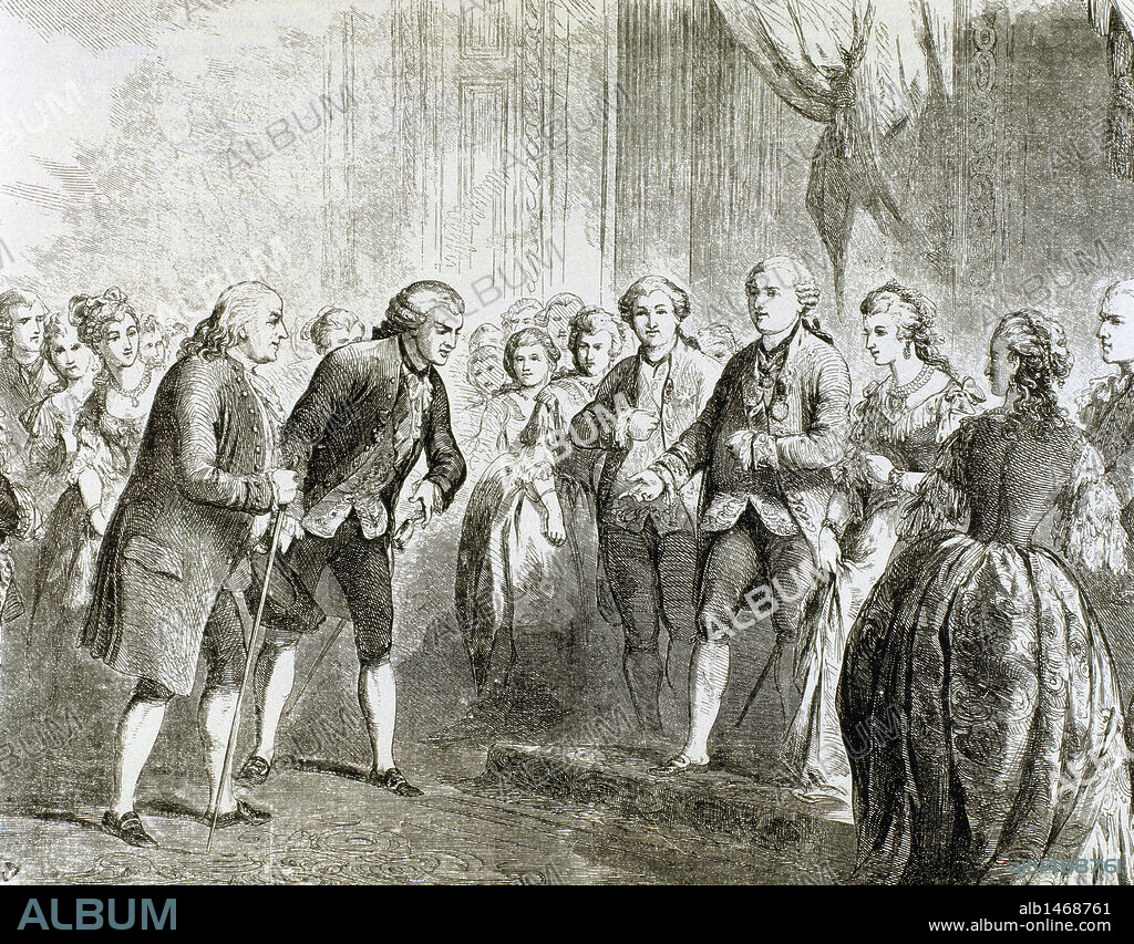 FRANKLIN, Benjamin (1706-1790). Estadista y científico estadounidense. En 1776 redactó, junto a Jefferson y J. Adams, la Declaración de Independencia de los Estados Unidos de América. FRANKLIN EN PARIS. Grabado.