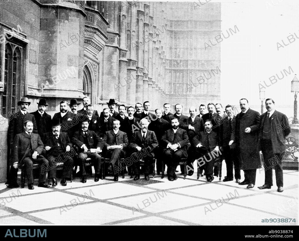 The first Parliamentary Labour (Socialist) Party gathered on the terrace of the House of Commons, London, 1906. Ramsay Macdonald is seated third from the left, then Arthur Henderson and next to him, Keir Hardie.