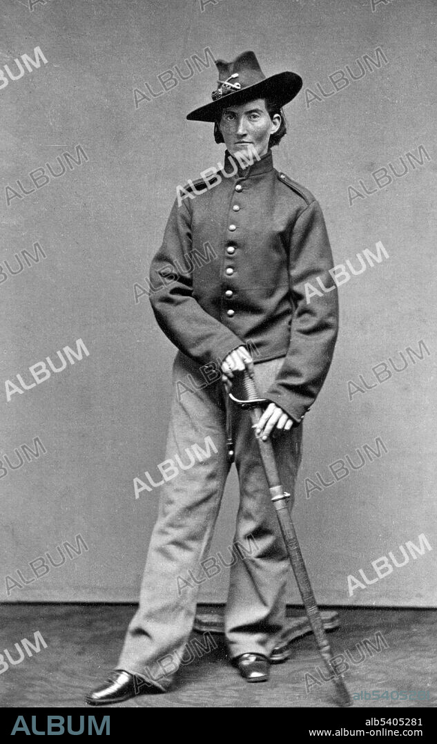 Editorial use only . Frances L. Clayton, 4th Missouri Artillery, wounded in the battles of Shiloh and Stone River. Frances Louisa Clayton (1830s, after 1865), also recorded as Frances Clalin, was an American woman who disguised herself as a man to fight for the Union Army in the American Civil War. Under the alias Jack Williams, she enlisted in a Missouri regiment along with her husband, and fought in several battles. She left the army soon after her husband died at Stones River. Newspaper reports indicate that Clayton served in both cavalry and artillery units. Her story became known and widely circulated after her service, though each account contains contradictory information about her life and service. Several photographs of Clayton, including images of her in uniform, are known to exist. However, little else is known of her life. Unlike other women of the Civil War, Clayton was described by newspapers as tall and masculine-looking. Photographed by Samuel Masury, 1865.
