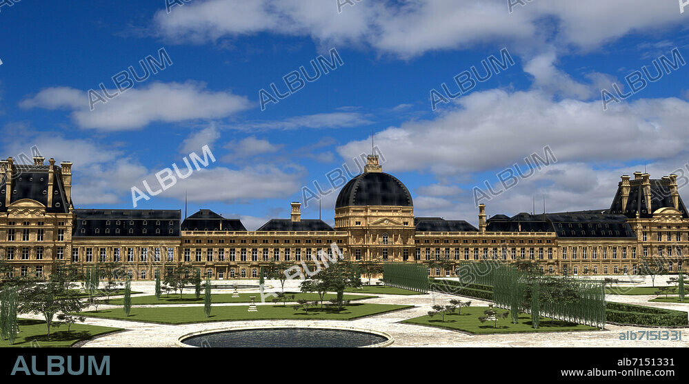 Monarchie / Empire / Architecture. Vue de la façade du Palais des Tuileries, à Paris, tel qu'il était vers 1870, c'est-à-dire avant sa destruction. (Résidence royale de nombreux souverains (Henri IV, Louis XIV, Louis XV, Louis XVI, Louis XVIII, Charles X, Louis Philippe) et impériale (Napoléon Ier puis Napoléon III), cet ancien palais parisien, aujourd'hui détruit, a été construit à partir de 1564 sous l'impulsion de Catherine de Médicis. Agrandi sous les règnes successifs et unifié avec le palais du Louvre, il disposait d'une immense façade de 266 mètres de long, et même environ 328 mètres avec les pavillons de Flore et de Marsan qui subsistent encore de nos jours. Point focal du grand axe historique de Paris : Avenue des Champs-Élysées, Place de la Concorde et Jardin des Tuileries). Siège de la Première République et du Consulat, il est détruit par un incendie volontaire le 23 mai 1871, allumé par les communards Jules-Henri-Marius Bergeret, Victor Bénot et Étienne Boudin. Ses ruines furent abattues en 1883). Reconstitution 3D (image de synthèse), 2016.