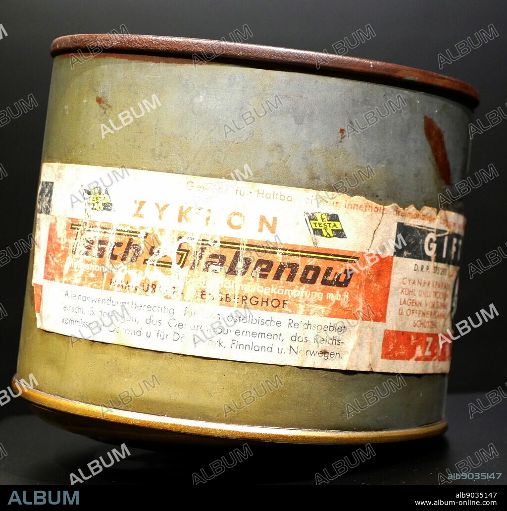 Can of Zyklon B, a pesticide invented in Germany and used in Nazi Germany in gas chambers to kill Jews as part of the Holocaust, such as at Auschwitz and other extermination camps.