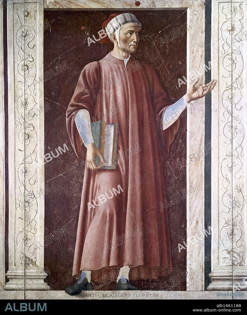 ANDREA DEL CASTAGNO. Dante Alighieri (1265-1321). Italian poet of the Middle Ages. Portrait by Andrea Castagno (1421-1457). Uffizi Gallery. Florence. Italy.