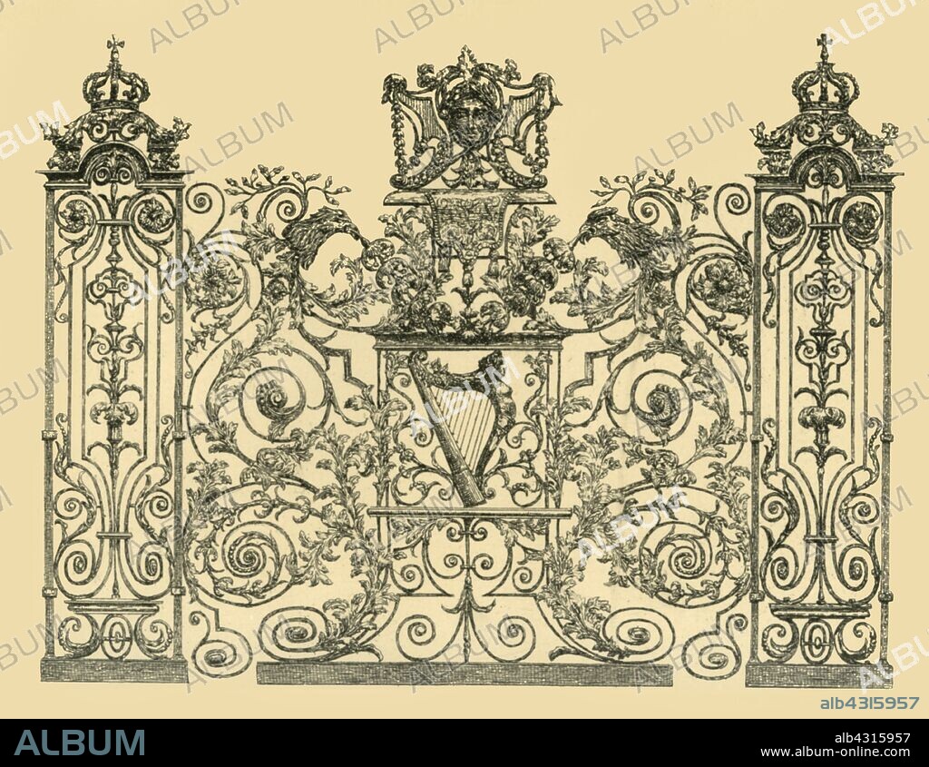 J BROOKE. Section of the Tijou Screen, late 17th century, (1881). Etching of one of the twelve sections of a wrought iron screen, designed c1690 by the Huguenot ironworker Jean Tijou for the gardens at Hampton Court Palace, (west London). The gardens were remodelled in the late 18th century by George III, and as there was no longer room for the screen, it was lent to the South Kensington Museum by Queen Victoria. It was later restored and returned to its original position at the end of the Privy Garden fronting the River Thames. From "The South Kensington Museum", a book of engraved illustrations, with descriptions, of the works of art in the collection of the Victoria & Albert Museum in London (formerly known as the South Kensington Museum). [Sampson Low, Marston, Searle and Rivington, London, 1881].