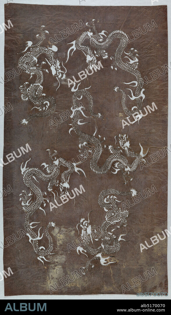 Dragons, Mulberry paper (kozo washi) treated with fermented persimmon tannin (kakishibu), and silk threads (itoire), Japanese dragons (ryu) originate from Chinese dragons and represent a wingless serpent with three-clawed feet. Each part of the body is a composite of nine different animals: Horns Deer, Head Camel, Eyes Rabbit, Neck Snake, Abdomen Cockle, Scales Carp, Claws Eagle, Paws Tiger, and Ears Ox. Depictions of dragons are symbols of strength, courage, and magic. These five dragons are shown flying in the sky. Silk threads are added to support the stencil structure., Japan, mid 18th - early 19th century, textile designs, Katagami, Katagami.