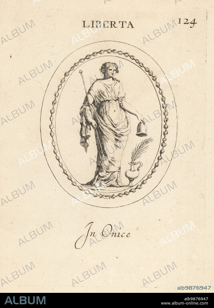 Figure of Libertas, Roman goddess of liberty. She holds the rod or vindicta and cap or pileus. In onyx. Liberta. In onice. Copperplate engraving by Giovanni Battista Galestruzzi after Leonardo Agostini from Gemmae et Sculpturae Antiquae Depicti ab Leonardo Augustino Senesi, Abraham Blooteling, Amsterdam, 1685.