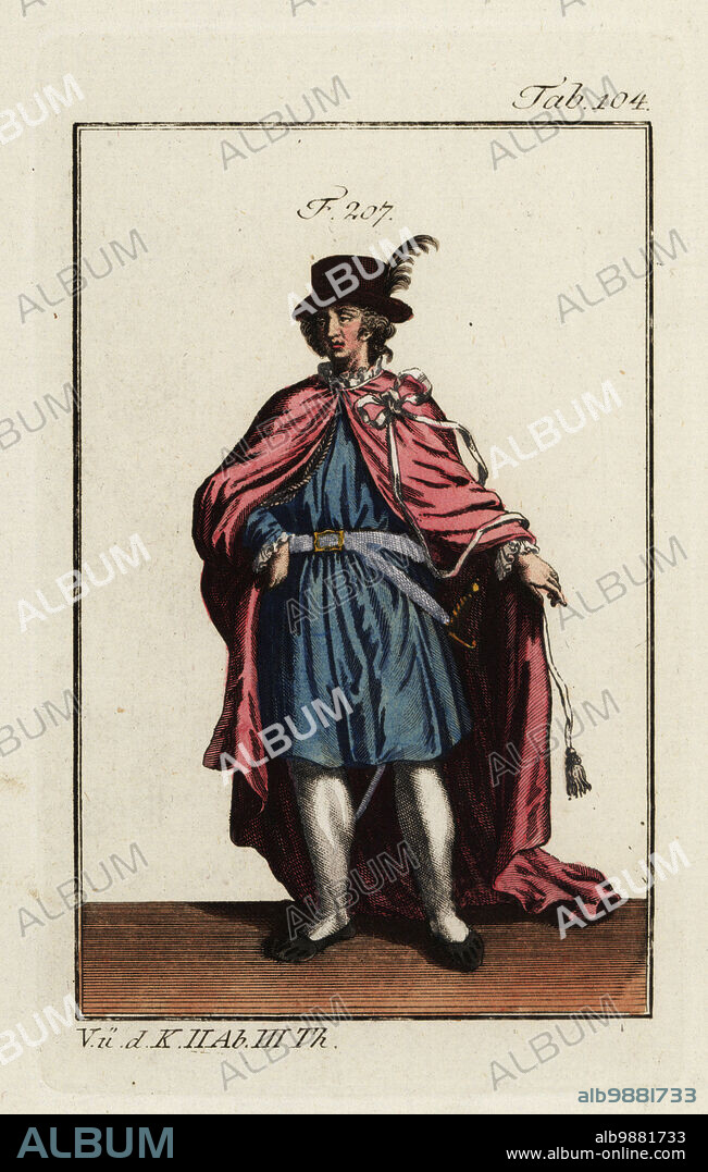 Knight in ceremonial robes of the Order of the Bath, a British order of chivalry founded by King George I in 1725. Copied from an illustration by Christoph Weigel in Philipp Bonannis Ritter-Ordern, 1728. Handcolored copperplate engraving from Robert von Spalart's Historical Picture of the Costumes of the Principal People of Antiquity and Middle Ages, Vienna, 1802.