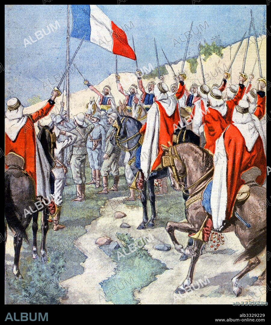 Illustration showing the French flag saluted by French and Arab colonial forces at Ain Salah an oasis town in central Algeria. It was once an important trade link of the trans-Saharan caravan route 1900.