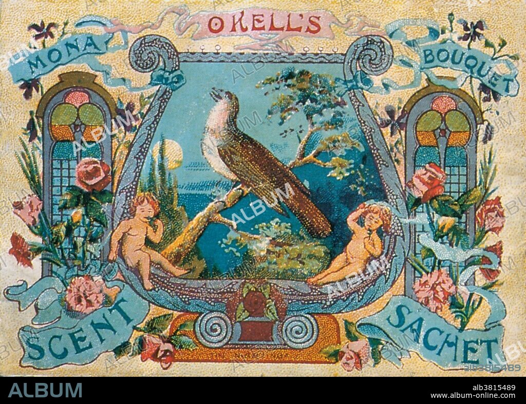O'Kell's Scent Sachet with Nightingale, 1895. A sachet is a small soft bag containing perfumed or sweet-smelling items also referred to as an ascent bag, scent bag, sweet bag, sachet bag, sachet de senteurs, spiced sachet, potpourri sachet, scented sachet, perfume cushion, smelling cushion, scented cushion, fragrant bag, pomander and "dream pillow." Scented sachets were once very popular as women liked to carry them next to their handkerchiefs or lay them in wardrobes and clothes drawers.