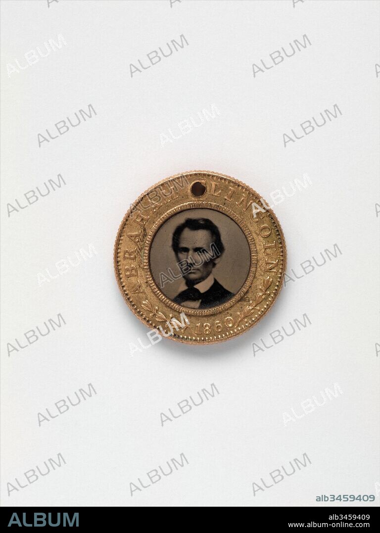 [Presidential Campaign Medal with portraits of Abraham Lincoln and Hannibal Hamlin], 1860, Tintype, Image: 1.4 cm (9/16 in.), diameter, Photographs, After Mathew B. Brady (American, born Ireland, 1823?–1896 New York), The Lincoln tintype in this campaign medal is a reversed copy of the famous 'Cooper Union' carte de visite (Ostendorf O-17) made by Mathew B. Brady on the morning of February 27, 1860. The Hamlin tintype is a copy of a portrait by an unknown maker.