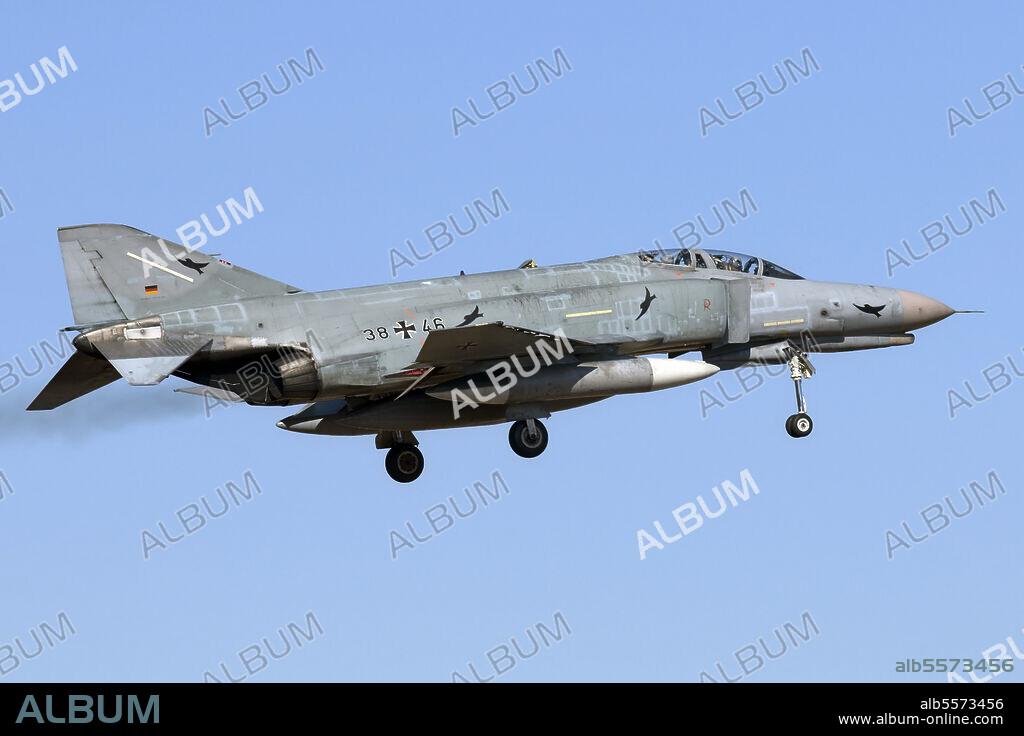 A German Air Force (Luftwaffe) F-4F Phantom II prepares for landing at Decimomannu Air Base in Sardinia, Italy. The special markings on the fuselage remember a bird strike that this aircraft has suffered.