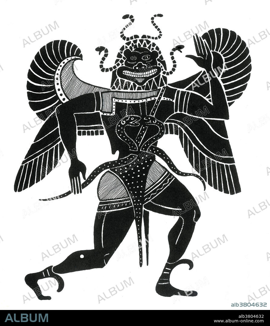 Ancient Greece, the Gorgon Medusa, from a vase, 6th century BC. In Greek mythology, Medusa was one of three Gorgon sisters. Medusa began life as a beautiful mortal, who bragged of being more attractive than the goddess Athena. One day, while in Athena's temple, Medusa was ravished by the sea god Neptune. In revenge, Athena turned Medusa into a Gorgon. Her long, silky hair was transformed into snakes and she was no longer able to look at the men who came to court her, as they would turn to stone if they looked into her eyes. Medusa was eventually killed by Perseus with help from Athena and Hermes.