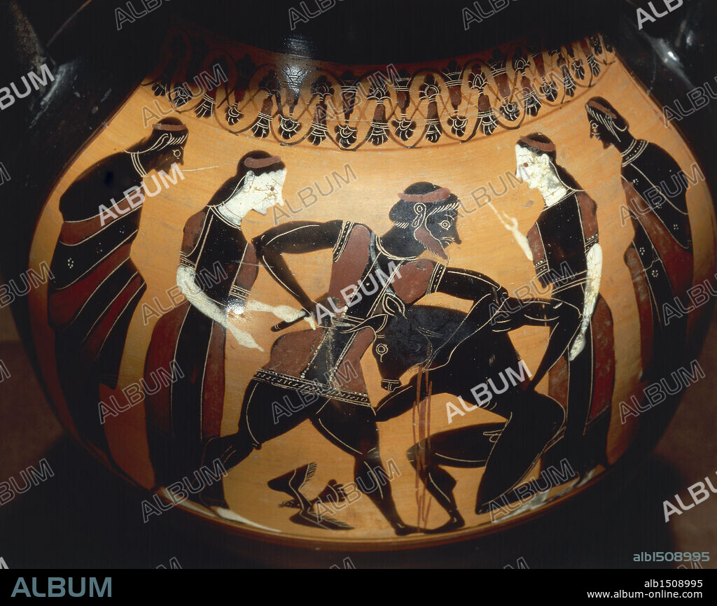 Greek civilization, 6th century b.C. Black-figure pottery. Amphora depicting Theseus fighting Minotaur attributed to the Painter of the Birth of Athena. Detail.