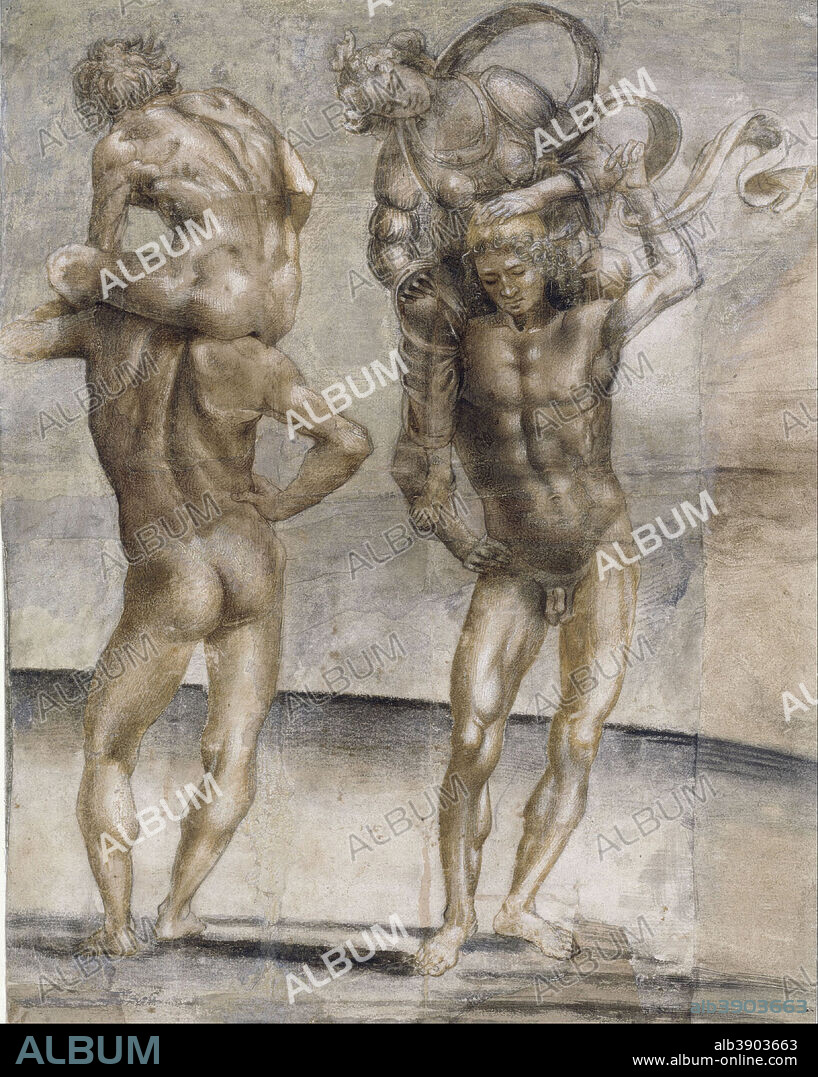 LUCA SIGNORELLI. Two nude youths carrying a young woman and a young man. Date/Period: Between 1490 and 1495. Drawing. Black and red chalk, brown and grey ink on yellow to brown prepared paper, heightened with white. Height: 35 cm (13.7 in); Width: 28 cm (11 in).