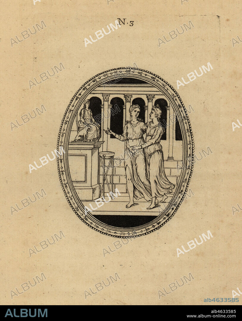 Caesars wife Pompeia with Publius Clodius Pulcher dressed as a woman at the rites of the Bona Dea (Good Goddess). La femme de Cesar avec Clodius, qui, habille en femme, penetra dans las maison ou lon celebroit les mysteres de la bonne Deesse. Copperplate engraving from Pierre-Francois d'Hancarvilles Monumens de la Vie Privee des Douze Cesars, Chez Sabellus, Capri (Monuments of the Private Lives of 12 Caesars, Leclerc, Nancy) 1780. From imaginary Spintria, medals and cameos.