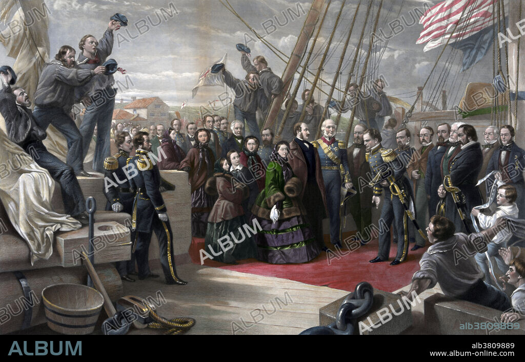 Entitled: England and America. The visit of her majesty Queen Victoria to the Arctic ship Resolute - December 16th, 1856, to whom this engraving is by special permission respectfully dedicated by her obedient servants, P. and D. Colnaghi and Company, painted by W. Simpson ; engraved by G. Zobel. The British lived in the ships during the winter of 1853 and 1854 and in the summer of 1854 abandoned them and camped on Beechey Island before setting sail for England in September of 1854. During the summer of 1855, the Resolute, empty, was found floating by an American, Captain James Buddington, who took her back to his home port of New London, Connecticut. The ship was refitted, at United States government expense in the Brooklyn Naval Yard and given back to England as a token of friendship. Victoria (May 24, 1819 - January 22, 1901) was Queen of the United Kingdom of Great Britain and Ireland. Her reign is known as the Victorian era. It was a period.