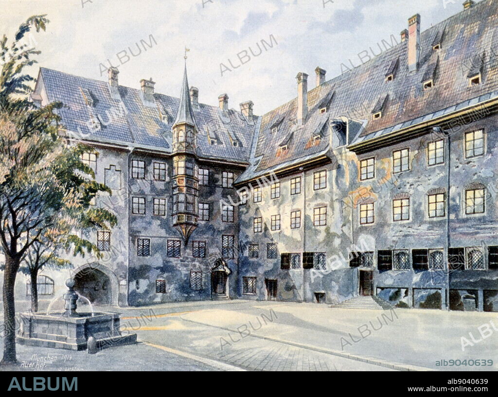 Adlof Hitler's painting titled 'The Courtyard of the Old Residenz in Munich', 1914. Hitler often claimed to be a frustrated artist. He produced many paintings, predominantly landscapes, postcard scenes and urban views, and there was a considerable market for his work during the Third Reich. This example of his work was reproduced in a coffee table book about Hitler published during the Third Reich, millions of copies of which were printed. By 1938, Hitler had decided to prohibit reproductions of his paintings.